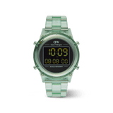 ダニエルウェリントン Retro Digital Light Greenの正面フルショットです。ミントグリーンの半透明ボディが光を通し、ブラックの文字盤には時刻や曜日、デュアルタイム、デジタルクロノグラフが見やすく配置されています。