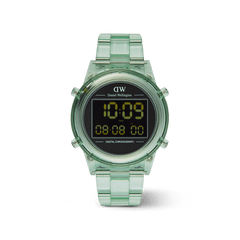 ダニエルウェリントン Retro Digital Light Greenの正面フルショットです。ミントグリーンの半透明ボディが光を通し、ブラックの文字盤には時刻や曜日、デュアルタイム、デジタルクロノグラフが見やすく配置されています。
