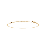 Daniel Wellington Flat Chain Bracelet Gの全体をご覧いただけます。フラットなコマが連なるゴールドチェーンと、ブランドロゴが刻印されたプレート付きのアジャスターチェーンが特徴です。