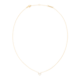 ダニエルウェリントン Mirelle Heart Necklace Goldの全体像です。細身のゴールドチェーンの中央に、ホワイトキュービックジルコニアをあしらった小さなハート型チャームが配されています。ロブスタークラスプとアジャスターチェーンも確認できます。