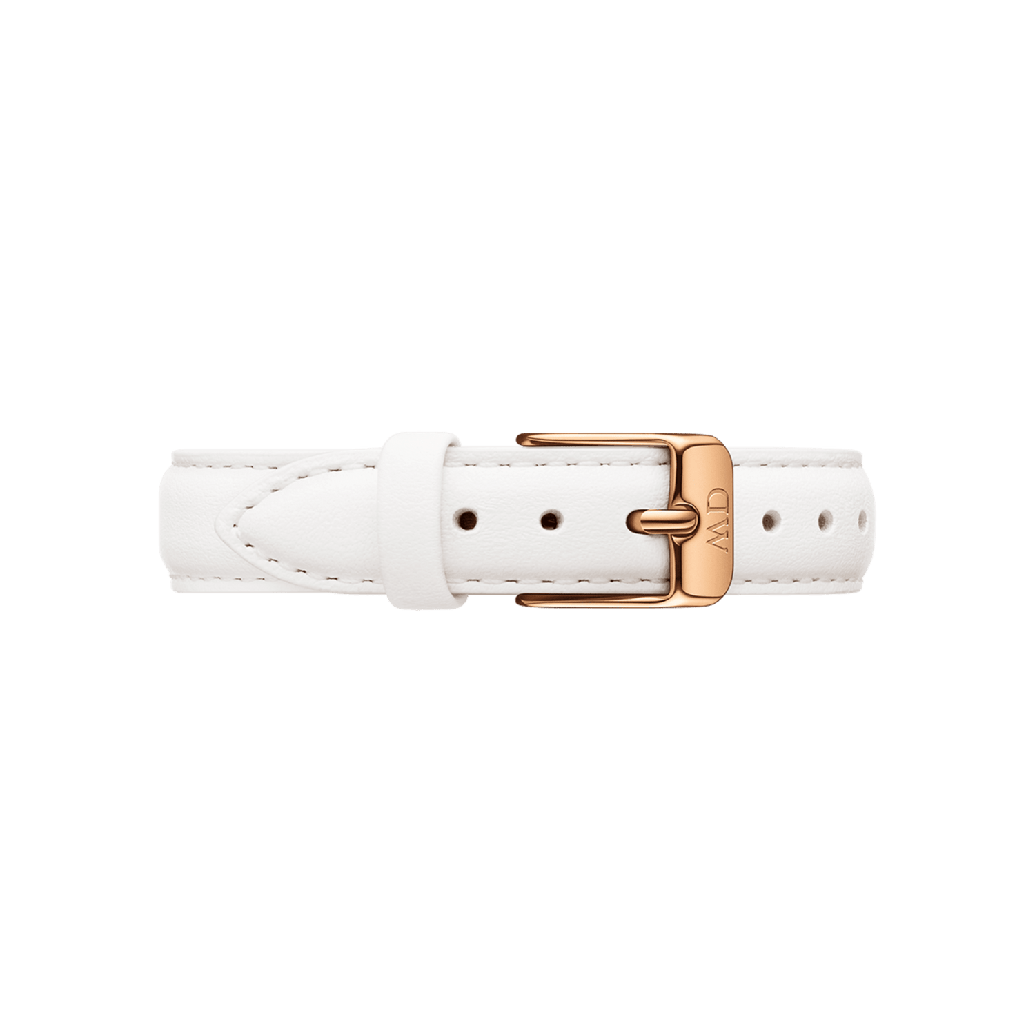 Daniel Wellington Bondi Strapを全体的にご覧いただけます。ホワイトレザーの細身ストラップをバックルで留めた状態で、ローズゴールドの尾錠と同色のステッチが端正な仕上がりを際立たせています。