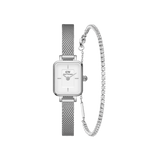 Daniel WellingtonのQuadro Mini シルバーメッシュストラップ付きスクエアウォッチと、クリスタルが一列に並んだClassic Tennis Braceletのギフトセットです。ホワイトダイヤルとシルバートーンで統一された、上品なコーディネートが楽しめます。