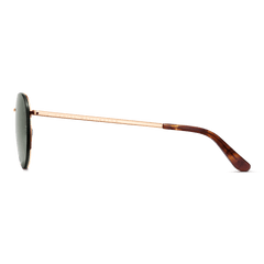 Arch Steel Green Rose Goldのサイドビューです。テンプル部分にはDaniel Wellingtonのブランドロゴが刻印されており、先端のべっ甲調アセテートチップが温かみのある色合いを添えています。