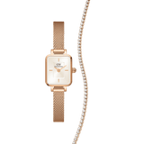 Daniel WellingtonのQuadro Mini ローズゴールドスクエア腕時計と、クリスタルが連なるTennis Necklaceのギフトセットです。シャンパンカラーの文字盤にMelroseメッシュストラップを組み合わせた腕時計と、ローズゴールドトーンのテニスネックレスをセットにしました。