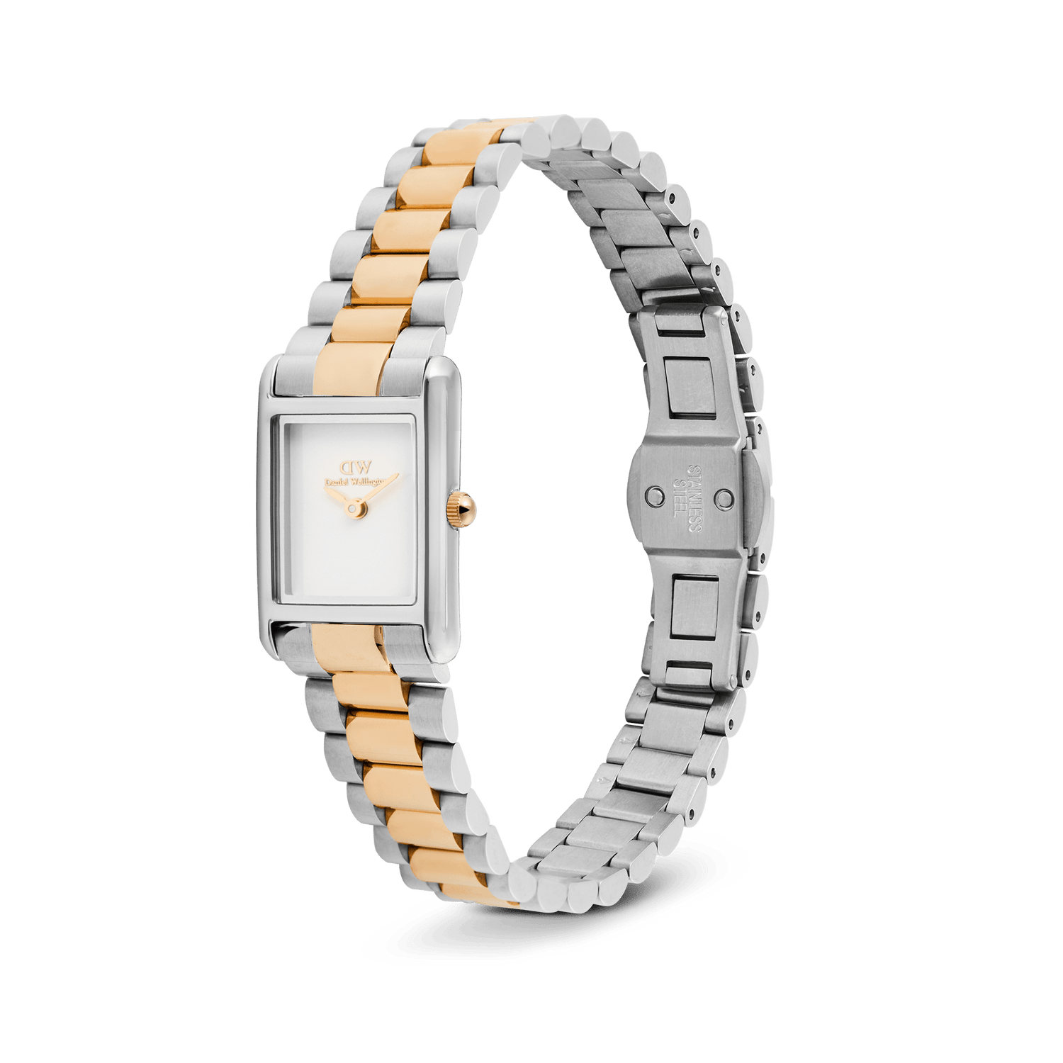 Daniel Wellington Bound Mini 3-Link Two Tone Rose Goldを斜め横から撮影した全体画像です。バタフライ式のバックル構造が確認でき、シルバーとローズゴールドのツートンカラーのリンクから、バックル側のシルバーリンクへと続くブレスレットの流れが美しく表現されています。