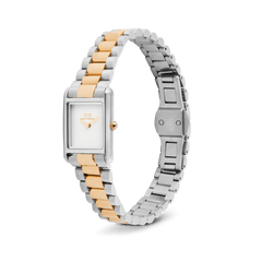 Daniel Wellington Bound Mini 3-Link Two Tone Rose Goldを斜め横から撮影した全体画像です。バタフライ式のバックル構造が確認でき、シルバーとローズゴールドのツートンカラーのリンクから、バックル側のシルバーリンクへと続くブレスレットの流れが美しく表現されています。