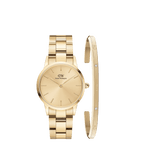ダニエルウェリントンのIconic Link ゴールドダイヤル腕時計と、クリスタルをあしらったClassic Lumine Braceletのゴールドセットです。白背景に並べた商品全体の画像です。
