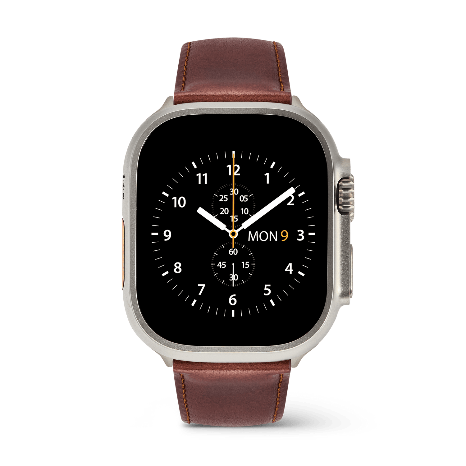 Daniel Wellington Smartwatch Leather Strap St Mawesを装着したApple Watch Ultraの正面画像です。ブラウンのレザーストラップにクロノグラフ風の文字盤が映え、クラシックな腕時計のような上品な佇まいを演出しています。