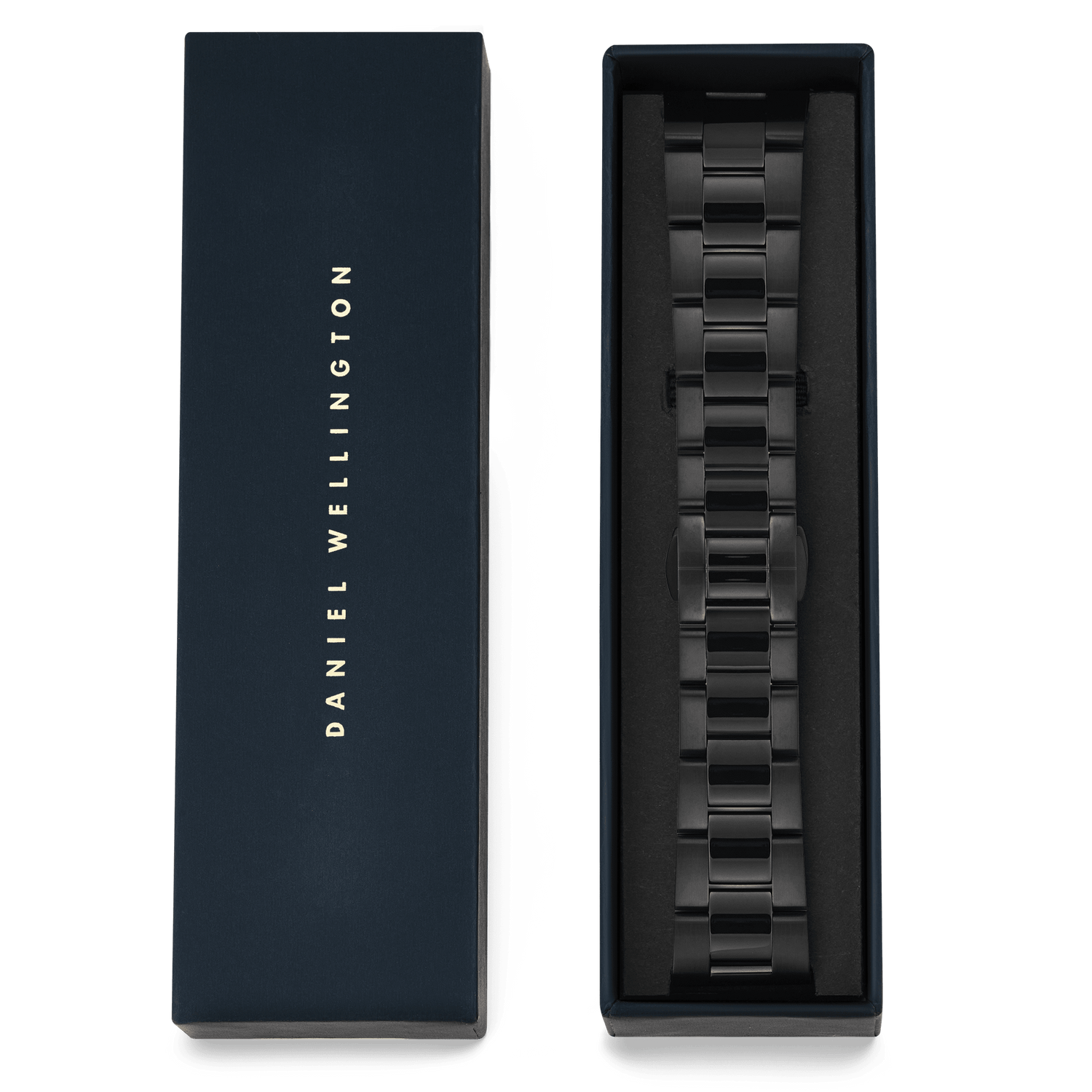 Daniel Wellingtonのギフトボックスに収められたSmartwatch Iconic Link Onyxの画像です。ブラックPVDコーティングの3連リンクブレスレットがボックス内のクッションに丁寧にセットされ、ゴールドのブランドロゴがあしらわれた蓋が横に添えられています。
