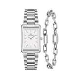 Daniel WellingtonのBoundシルバーウォッチとCrystal Link Braceletのセットです。レクタングルケースにホワイトダイヤルをあしらった3連ブレスレットウォッチと、パヴェセッティングのクリスタルがアクセントとなったシルバーチェーンブレスレットを組み合わせたギフトセットです。
