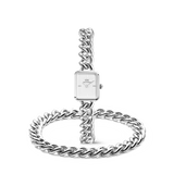 Daniel WellingtonのJolie & Chunky Chain Silver Setは、スクエアケースにホワイトダイヤルをあしらったJolieチェーンウォッチと、太めのリンクが存在感を放つChunky Chain Braceletをシルバーカラーで統一したギフトセットです。