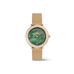 白背景で斜め上から撮影したCrystalline Bezel Evergold Greenの商品画像です。グリーンマザーオブパールの深みのある色合いと、ベゼルを二重に彩るクリスタルの輝き、ゴールドメッシュストラップの質感が立体的に表現されています。