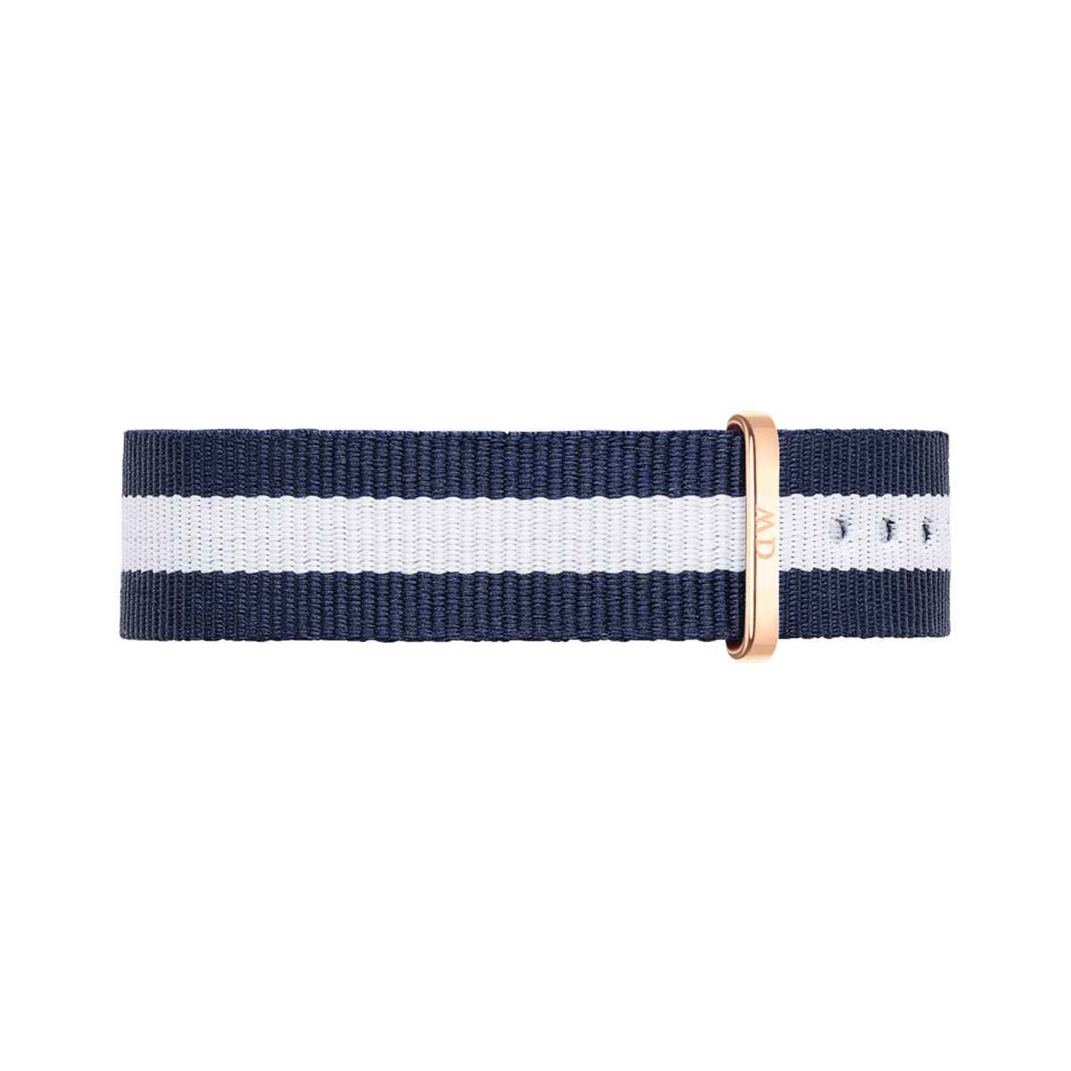 ローズゴールドの遊環とベルト穴が美しい、Glasgow Strap Rose Goldの全体像です。ネイビー地にホワイトのセンターストライプが映える、高密度織りのNATOストラップを横向きに配置しています。