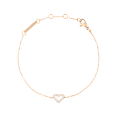 Daniel Wellington Mirelle Heart Bracelet Rose Goldの全体像です。細いローズゴールドチェーンの中央に、キュービックジルコニアをあしらったオープンハートモチーフが配されています。ロブスタークラスプとアジャスターチェーンも確認できます。