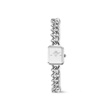 ダニエルウェリントン Jolie Chain Silverの全体像。ポリッシュ仕上げのシルバーチャンキーチェーンブレスレットと、ホワイトダイヤルのスクエアフェイスを組み合わせたジュエリーライクな腕時計です。