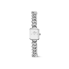 ダニエルウェリントン Jolie Chain Silverの全体像。ポリッシュ仕上げのシルバーチャンキーチェーンブレスレットと、ホワイトダイヤルのスクエアフェイスを組み合わせたジュエリーライクな腕時計です。