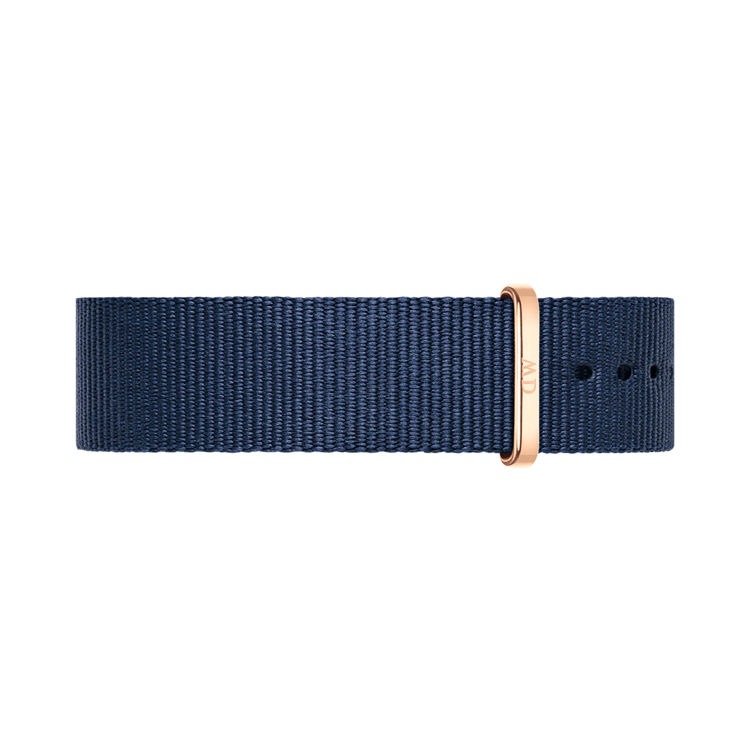 Bayswater Strap Rose Goldを正面から撮影した全体の画像です。ミッドナイトブルーのNATOタイプポリエステルベルトが水平に広がり、ローズゴールドのキーパー部分にはブランドロゴが刻印されています。
