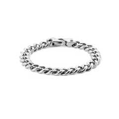 Daniel WellingtonのEllipse Cuban Chain Bracelet シルバーカラーの全体像です。研磨されたステンレススチール製の太めのキューバンチェーンが光を反射して輝き、ロブスタークラスプで留めるデザインとなっています。