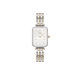Daniel Wellington Quadro Lumine Bezel 5-Link Two-Toneの正面画像。クリスタルベゼルに囲まれたスクエアケースに、ホワイトマザーオブパールの文字盤を採用。ゴールドのバーインデックスと針が上品な印象を与え、シルバーとゴールドのツートーン5リンクブレスレットが特徴の女性向け腕時計です。