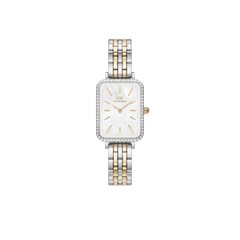 Daniel Wellington Quadro Lumine Bezel 5-Link Two-Toneの正面画像。クリスタルベゼルに囲まれたスクエアケースに、ホワイトマザーオブパールの文字盤を採用。ゴールドのバーインデックスと針が上品な印象を与え、シルバーとゴールドのツートーン5リンクブレスレットが特徴の女性向け腕時計です。