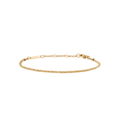 ダニエルウェリントン Twisted Chain Braceletのゴールドカラー全体像。ツイストチェーンの細やかな編み目が特徴で、ブランドロゴが刻印されたプレートと、アジャスターチェーン付きのロブスタークラスプが確認できます。
