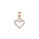 Daniel WellingtonのHeart Contourチャーム。ローズゴールドのベイルからオープンハート型のシルエットが下がり、輪郭に沿ってホワイトクリスタルが一粒ずつセットされています。