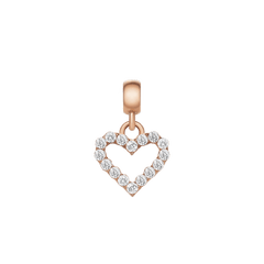 Daniel WellingtonのHeart Contourチャーム。ローズゴールドのベイルからオープンハート型のシルエットが下がり、輪郭に沿ってホワイトクリスタルが一粒ずつセットされています。