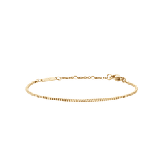 Daniel WellingtonのBox Chain Bracelet Gをゴールドカラーでご紹介。細身のボックスチェーンにロブスタークラスプとアジャスターチェーンを組み合わせ、ブランドロゴをあしらったプレートを添えたシンプルなデザインです。
