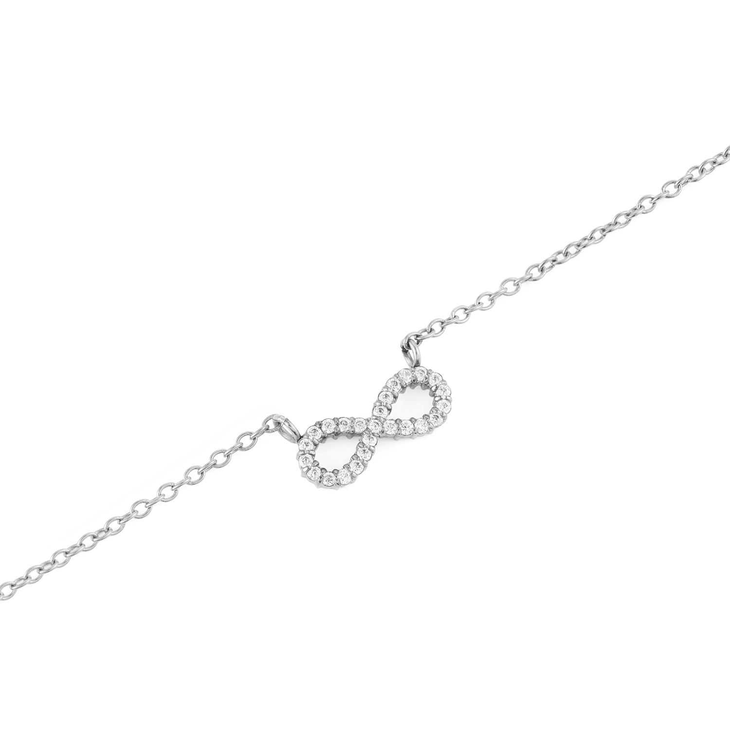 Mirelle Infinity Necklaceのインフィニティモチーフ部分をクローズアップした画像です。ホワイトキュービックジルコニアが曲線に沿って丁寧にセットされ、シルバーの細いチェーンと繋がる繊細なディテールがご覧いただけます。
