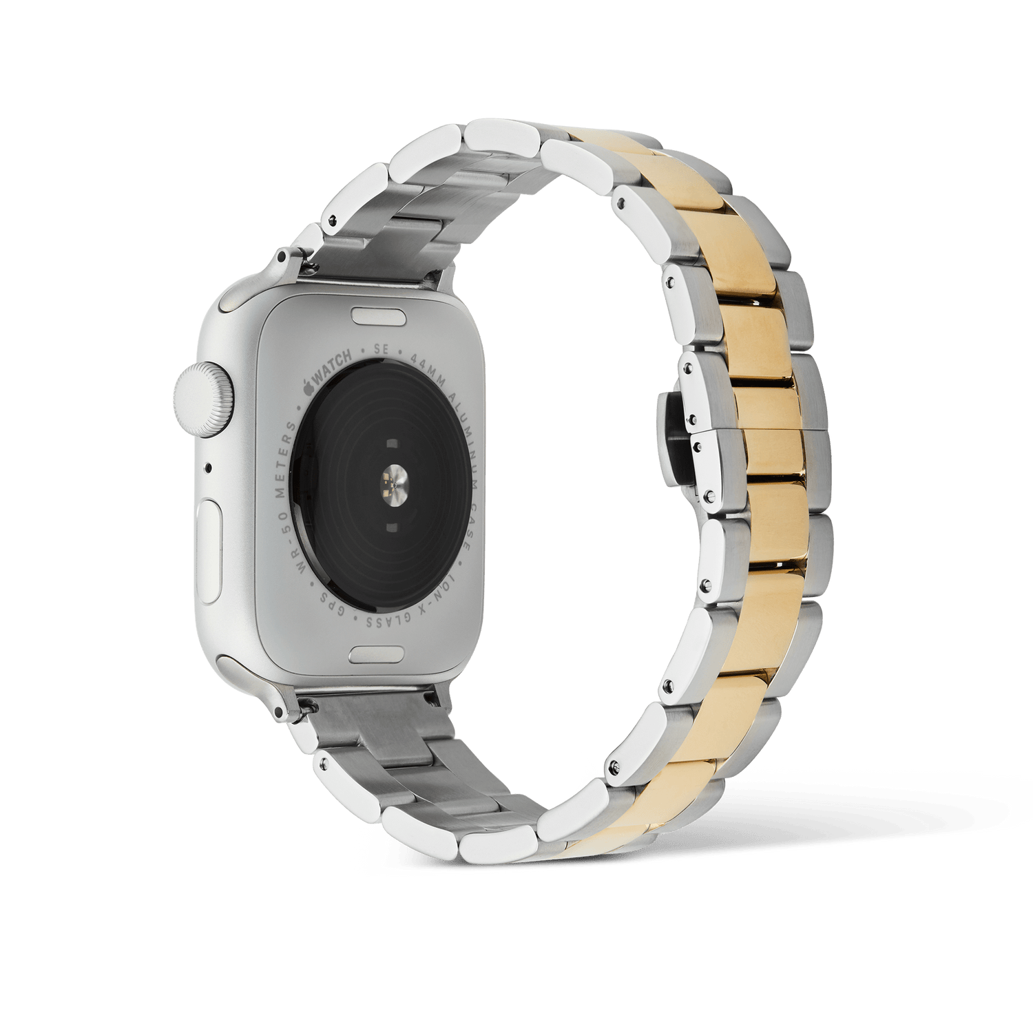 Daniel Wellington Smartwatch Iconic Linkツートンブレスレットを装着したApple Watch SEの背面画像。ケース裏面のセンサー部分とシルバー・ゴールドの3連リンクが輪を描くように配置されており、ブレスレット全体の厚みやリンクの連結構造が確認できます。