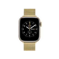 Apple Watchにゴールドのメッシュストラップを装着した正面からの全体像です。ブラックの文字盤とゴールドカラーのステンレススチール製ストラップのコントラストが美しく、アクセサリーのような上品な印象を演出します。