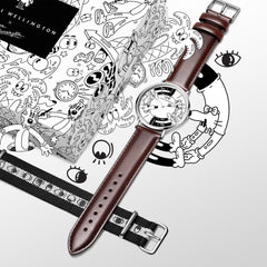 Steven Harrington × Daniel Wellingtonの限定コラボセット「フラットレイ」。シルバーケースにブラウンレザーストラップを組み合わせたアートダイヤルの腕時計が、アイモチーフのNATOストラップやイラスト入り専用パッケージとともにセットになっています。