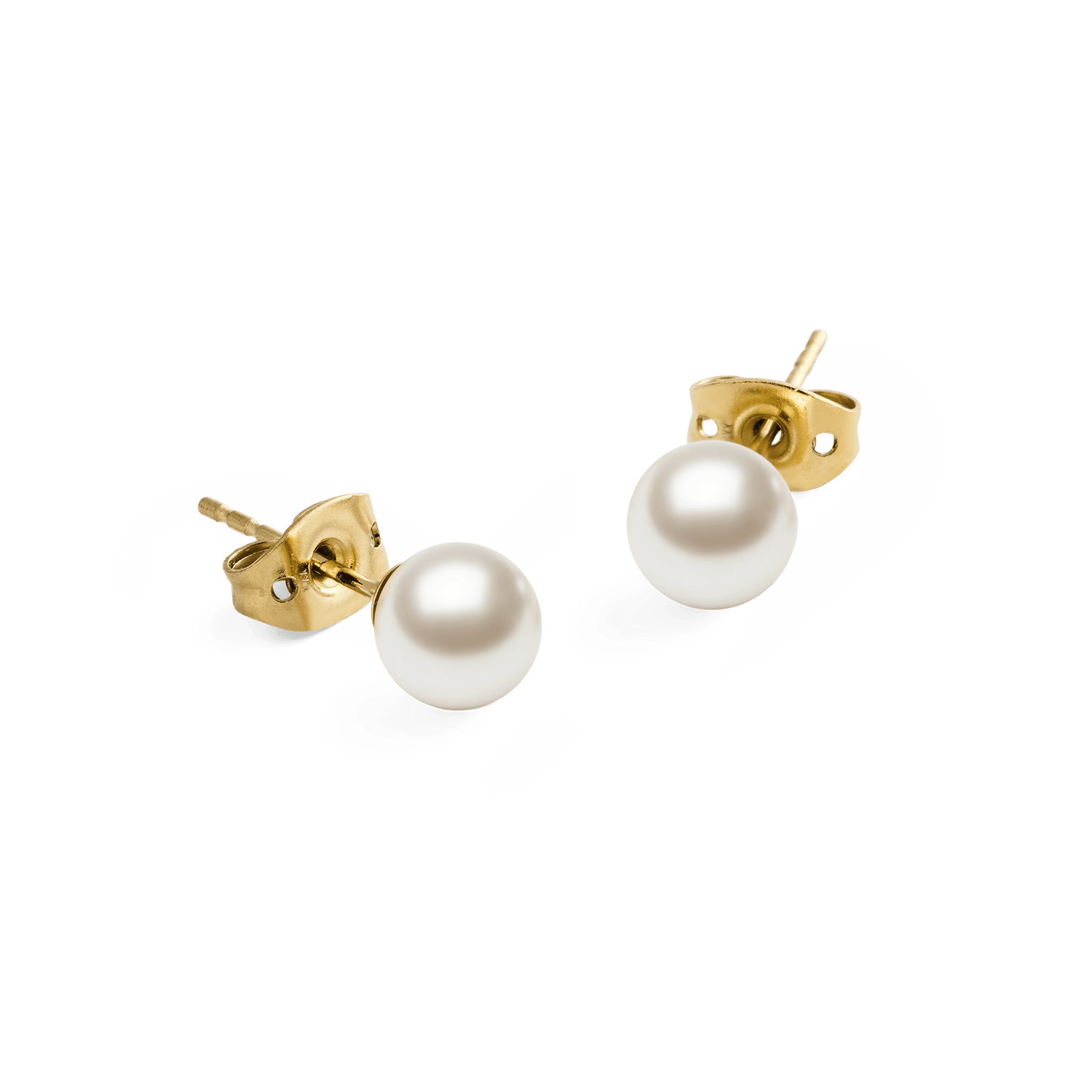 ダニエルウェリントン Pearl Stud Earrings Goldの背面を捉えたディテール写真です。ゴールドのバタフライバック留め具とホワイトパールの丸みをご確認いただけます。