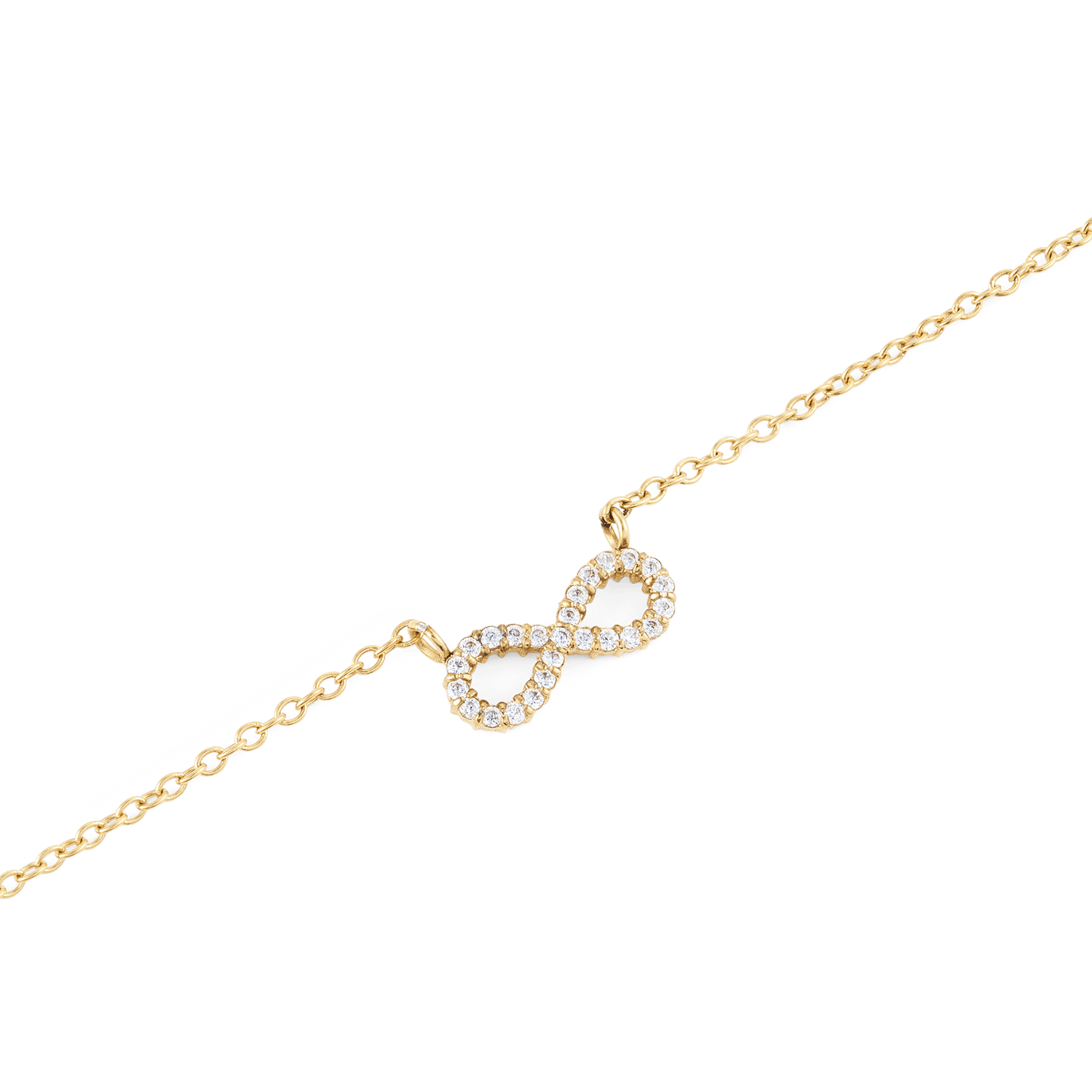Mirelle Infinity Necklaceのインフィニティモチーフ部分をクローズアップ。ゴールドの曲線に沿って、ホワイトキュービックジルコニアが一粒ずつ丁寧にセッティングされています。細やかなチェーンとのつながりも美しく、繊細なディテールが際立ちます。