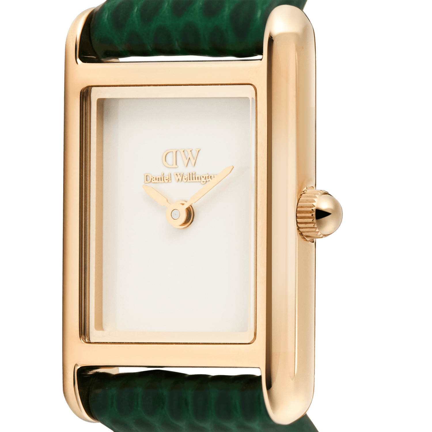Bound Mini Green Lizard Rose Goldの文字盤とケースをクローズアップした画像です。インデックスのない白い文字盤にローズゴールドの二針が映え、段差のあるレクタンギュラーケースの立体感とリューズのディテールが際立ちます。