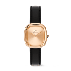 Daniel WellingtonのMargot Sheffield Unitone Sunray Rose Goldです。丸みを帯びたクッション型のローズゴールドケースに、インデックスのないサンレイ仕上げのローズゴールドダイヤルとブラックレザーストラップを組み合わせた、女性向けのコンパクトな腕時計です。