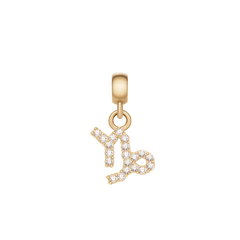 山羊座のシンボルをモチーフにしたCrystal Zodiac Charm Gold。曲線と直線を組み合わせたデザイン全体にキュービックジルコニアがあしらわれ、ゴールドのベイル部分から吊り下がるチャームです。