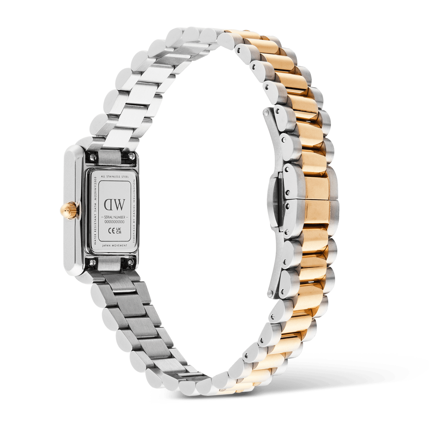 Bound Mini 3-Link Two Tone Rose Goldを裏蓋側から撮影した画像です。ステンレススチール製のケース裏面にはシリアルナンバーや3ATM防水の刻印が施され、側面にはローズゴールドのリューズが見えます。シルバーとローズゴールドが交互に連なる3連リンクブレスレットが、美しい輪を描いています。