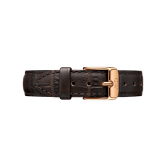 Daniel Wellington York Strap ローズゴールドモデルの裏面から見たクロコ型押しレザーの質感とバックル部分をクローズアップした画像です。革表面の型押しパターンや穴の位置が確認できます。