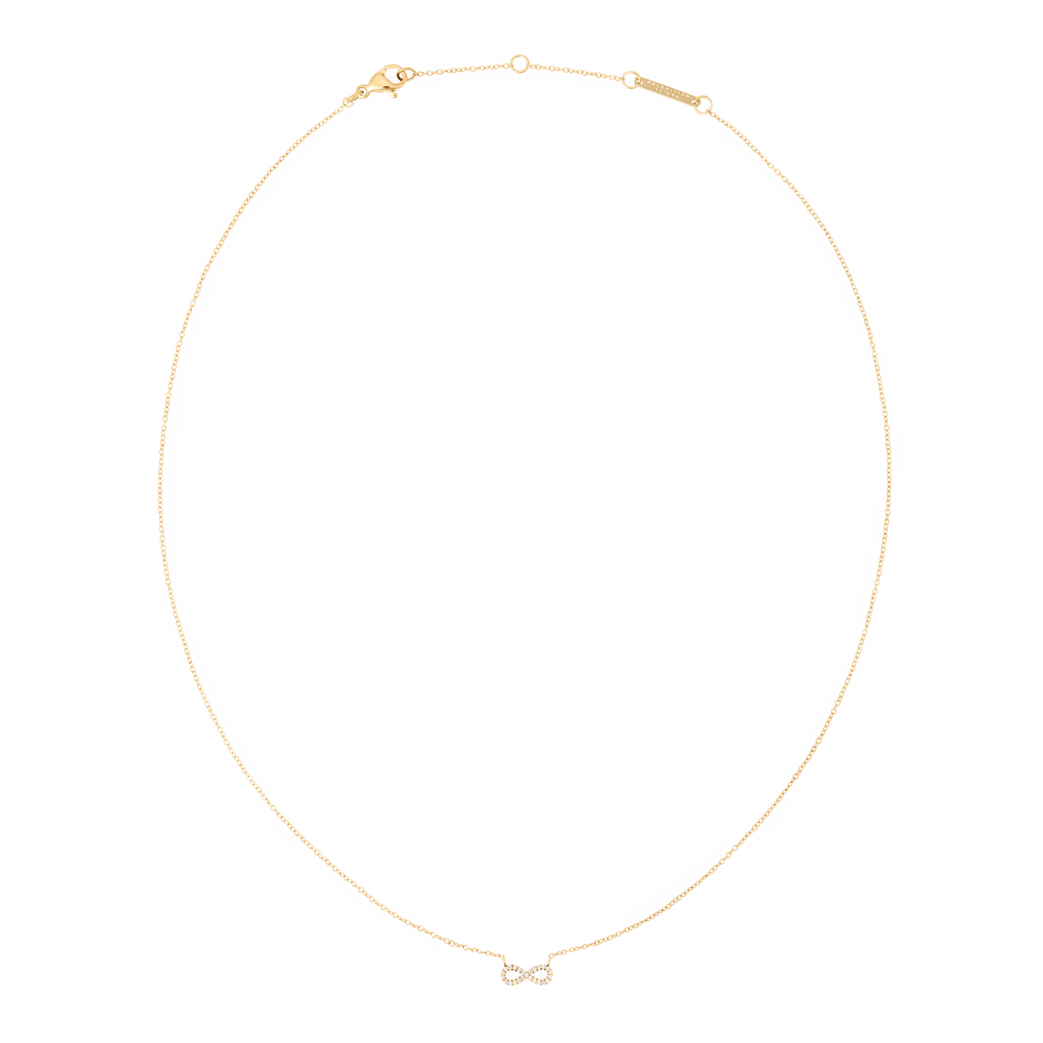 ダニエルウェリントンのMirelle Infinity Necklaceの全体像です。細身のゴールドチェーンの中央に、キュービックジルコニアをあしらったインフィニティモチーフが配されています。ロブスタークラスプとブランドプレートも確認できます。