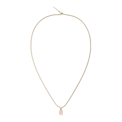 ダニエルウェリントンのRose Quartz Oval Gold Charmをゴールドのスネークチェーンネックレスに通した全体のイメージです。細身のチェーンの先端に淡いピンクのローズクォーツチャームが下がり、シンプルながらも存在感のあるデザインとなっています。