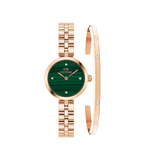 ダニエルウェリントンのElan Lumine Malachite（マラカイトグリーンのダイヤル）と、クリスタルをあしらったClassic Lumine Braceletのローズゴールドセット。白背景に並べられた商品全体の画像です。