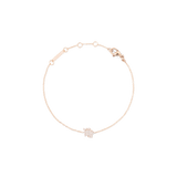 白背景で撮影したおとめ座モチーフのCrystal Zodiac Chain Bracelet Rose Goldの全体画像です。ローズゴールドの細いチェーンが優雅に広がり、下部中央にはクリスタルであしらわれた乙女座のシンボルが配されています。アジャスターリングやブランドプレートも確認できます。