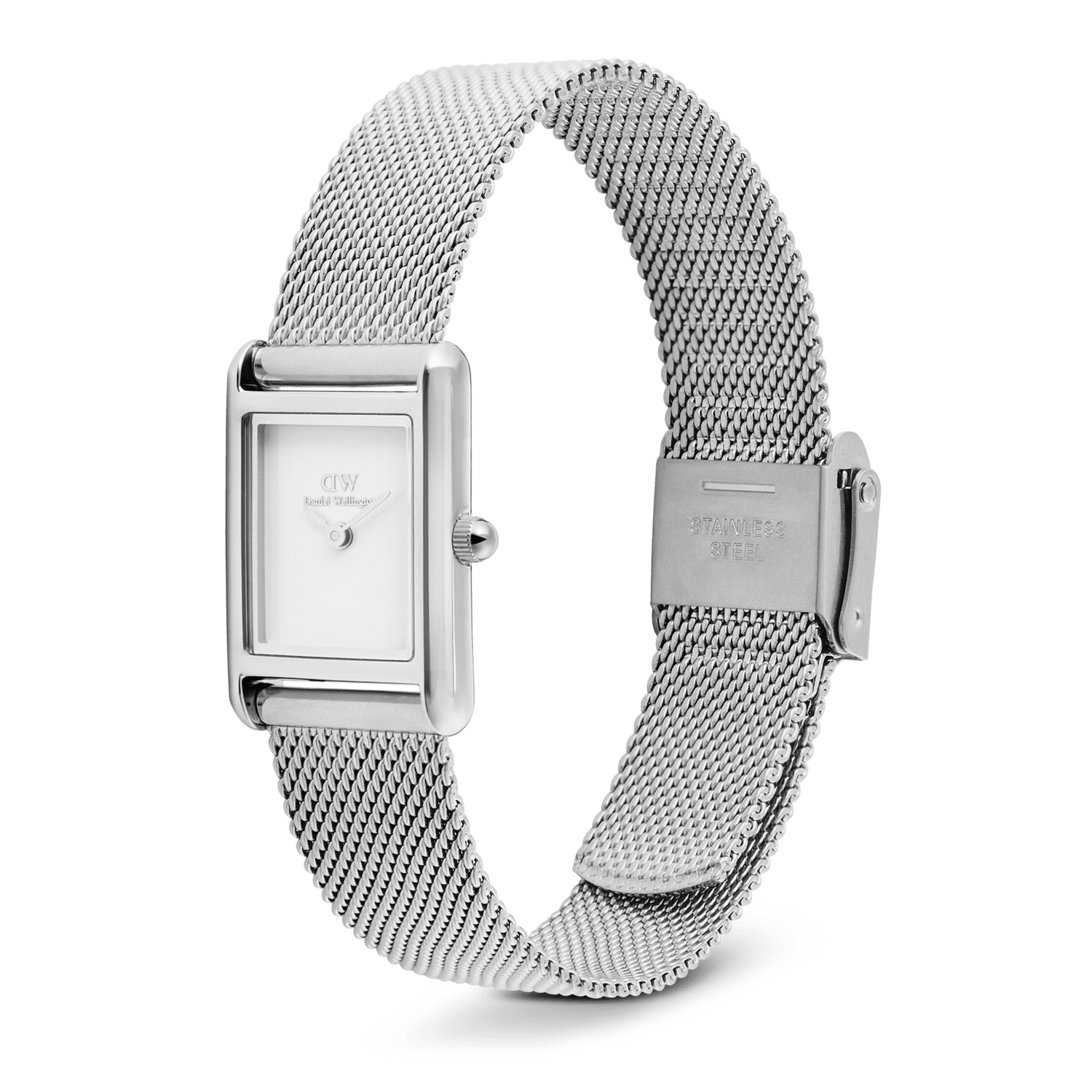 Bound Mini Sterlingを正面やや上から撮影した全体の画像です。ホワイトの文字盤を囲むシルバーのレクタンギュラーケースと、ステンレススチール製メッシュストラップの折りたたみ式クラスプ部分が確認できます。コンパクトなサイズ感とブレスレットのような上品な佇まいが伝わる一枚です。