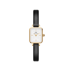 Daniel Wellington Quadro Mini Sheffieldの正面画像。ゴールドのスクエアケースにホワイトダイヤル、ブラックレザーストラップを組み合わせたコンパクトな女性向け腕時計です。