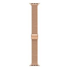 Apple Watch用Daniel Wellingtonスマートウォッチストラップ Mesh Rose Goldを伸ばした状態の画像です。上下のApple Watch接続用ラグから、ローズゴールドの均一なメッシュが一直線に伸びており、中央のバックルにはブランドロゴが刻印されています。