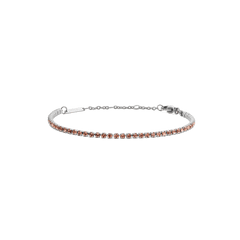ダニエルウェリントン Classic Tennis Bracelet Apricot Silverの全体画像です。アプリコットカラーのクリスタルがシルバーチェーンに一列に並び、サイズ調節用のチェーンとロブスタークラスプが付いています。