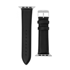 Apple Watch Ultra対応のDaniel Wellingtonスマートウォッチ用レザーストラップSheffield Silverを白背景に並べた全体画像です。ブラックの本革を使用した2ピース構造で、シルバーのアダプターとピンバックル、両サイドに施されたステッチが確認できます。