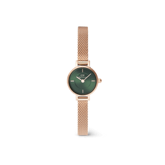 白背景にPetite Mini Emerald Melroseを縦に配置した全体画像です。ローズゴールドのメッシュストラップが自然なカーブを描き、19mmのコンパクトなケースとエメラルドグリーンのダイヤルが際立つデザインとなっています。