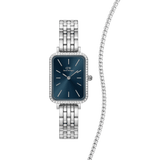 Daniel Wellington Quadro Bezel Arcticは、アークティックブルーの文字盤とクリスタルベゼルが特徴のシルバースクエアウォッチと、クリスタルストーンが一列にあしらわれたシルバーテニスブレスレットのギフトセットです。